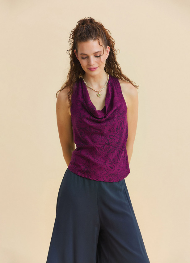 Red Summer Blouse with Open Collar, Cross Back, and Low Cut Back 4987