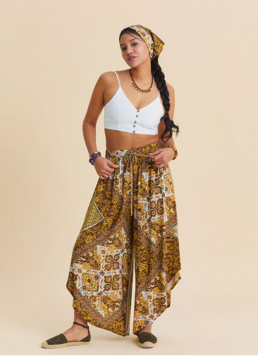 Yellow Womens Authentic Trousers with Elasticated Waistband and Asymmetrical Cut 4847