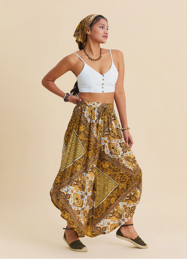 Yellow Womens Authentic Trousers with Elasticated Waistband and Asymmetrical Cut 4847