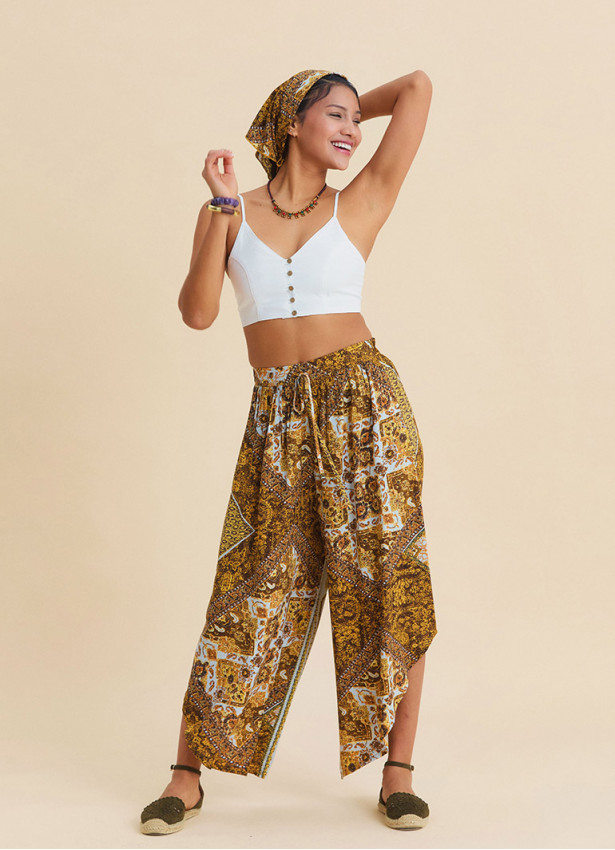 Yellow Womens Authentic Trousers with Elasticated Waistband and Asymmetrical Cut 4847