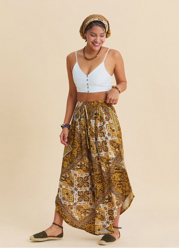 Yellow Womens Authentic Trousers with Elasticated Waistband and Asymmetrical Cut 4847