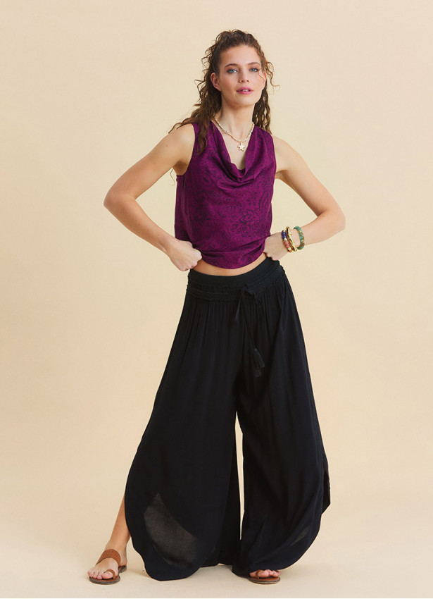 Black Womens Viscose Trousers with Lace-Up Detail and Side Slit 4921
