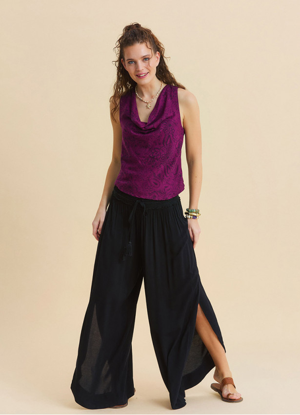 Black Womens Viscose Trousers with Lace-Up Detail and Side Slit 4921