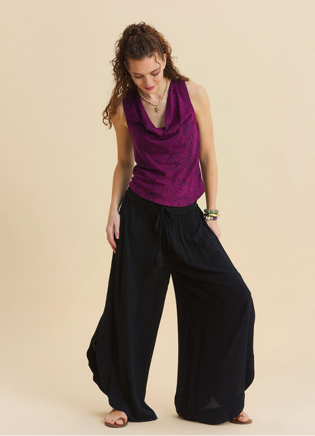 Black Womens Viscose Trousers with Lace-Up Detail and Side Slit 4921