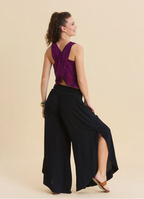 Black Womens Viscose Trousers with Lace-Up Detail and Side Slit 4921