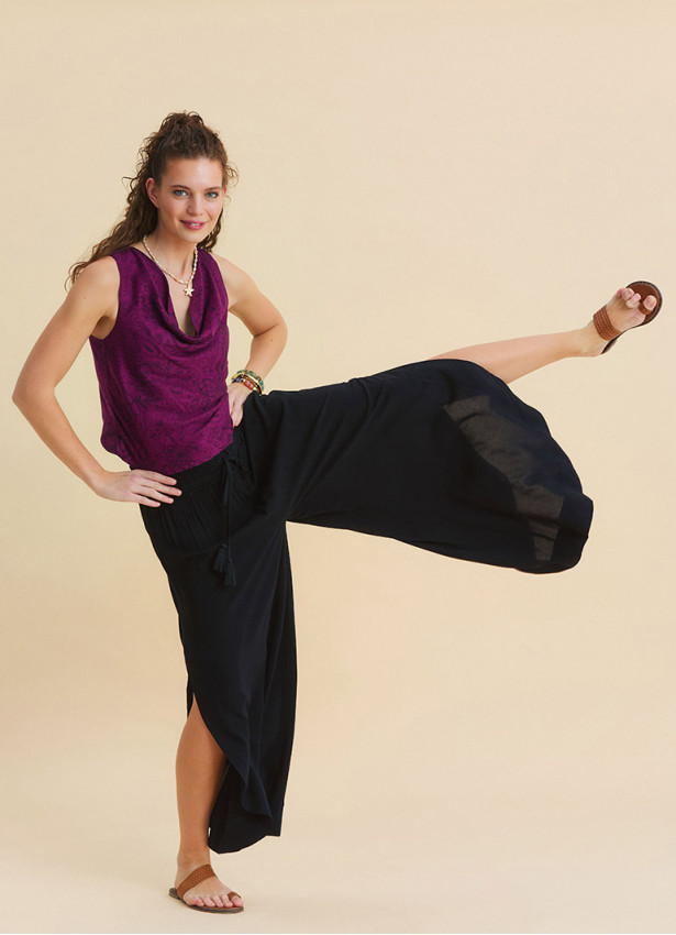 Black Womens Viscose Trousers with Lace-Up Detail and Side Slit 4921