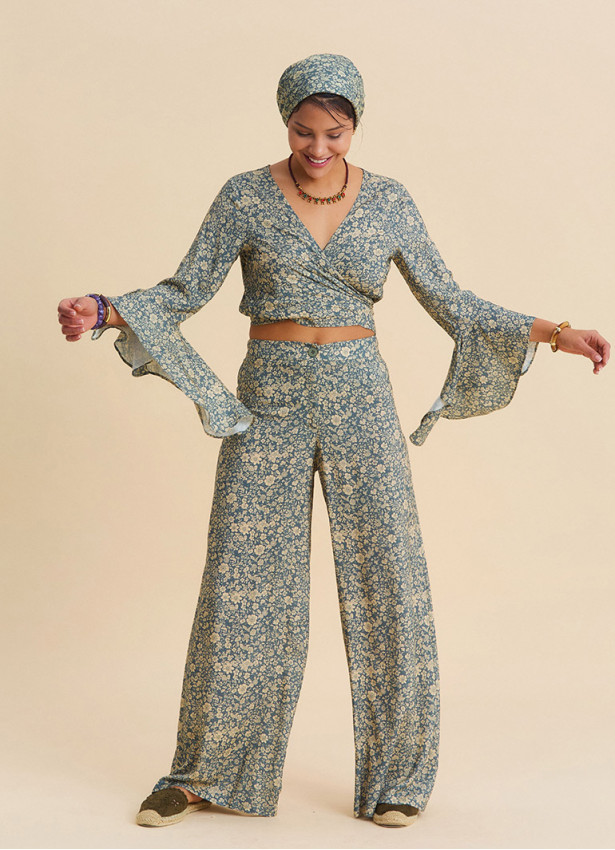 High Waist Wide Leg Beige Floral Women's Palazzo Trousers 4874