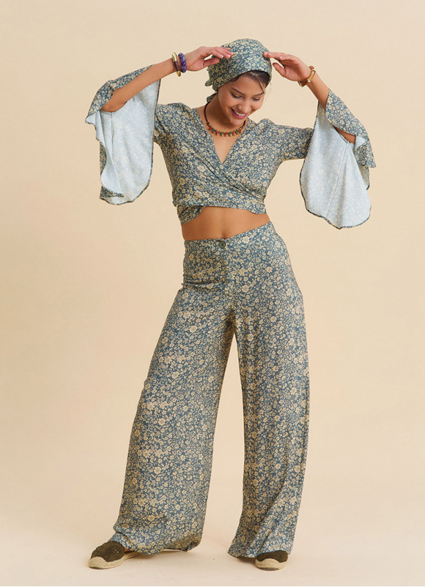 High Waist Wide Leg Beige Floral Women's Palazzo Trousers 4874