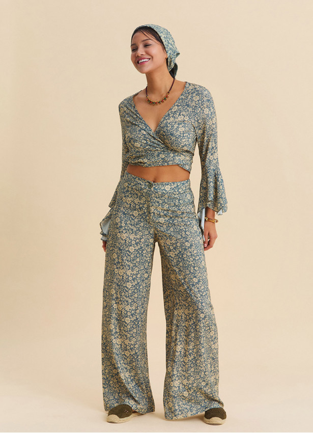 High Waist Wide Leg Beige Floral Women's Palazzo Trousers 4874