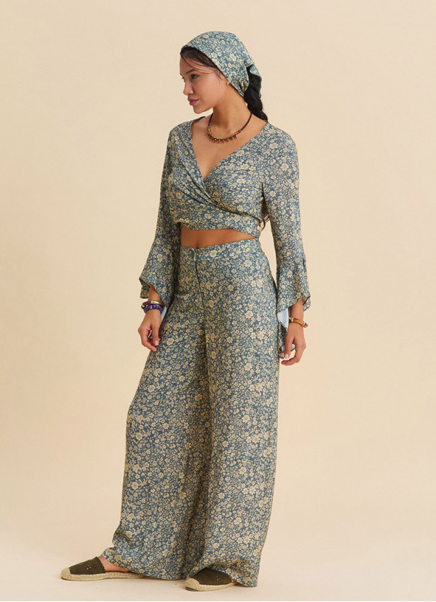 High Waist Wide Leg Beige Floral Women's Palazzo Trousers 4874