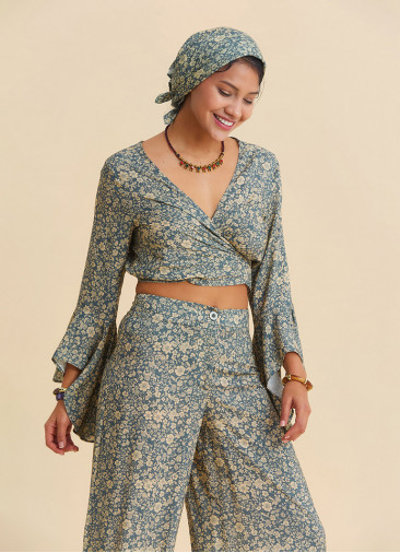 Spanish Collar Cross Over Cut Beige Floral Blouse 4895