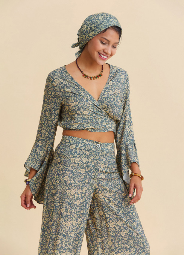 Spanish Collar Cross Over Cut Beige Floral Blouse 4895