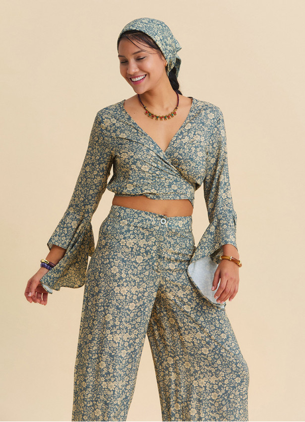 Spanish Collar Cross Over Cut Beige Floral Blouse 4895