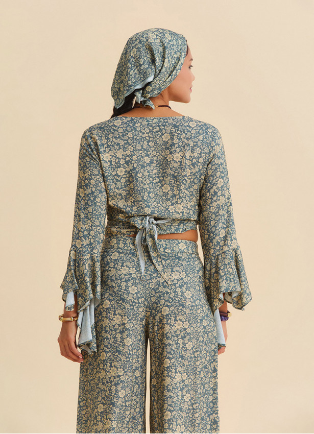 High Waist Wide Leg Beige Floral Women's Palazzo Trousers 4874