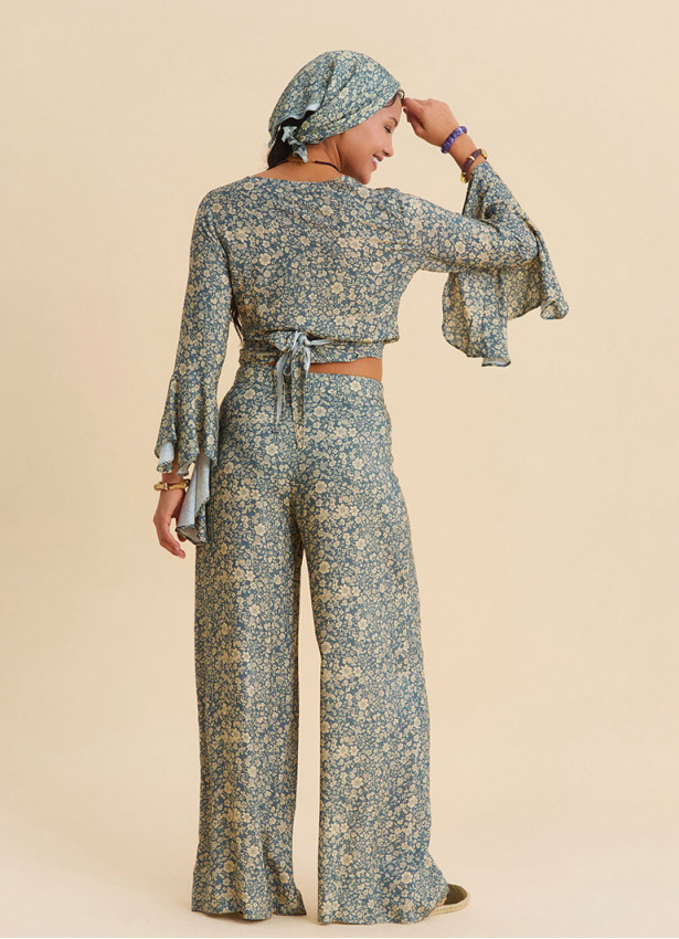 High Waist Wide Leg Beige Floral Women's Palazzo Trousers 4874