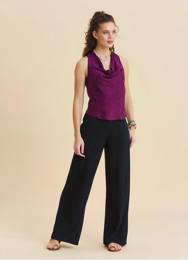 Regular Waist Button Front Black Womens Elastic Waist Pants 4946