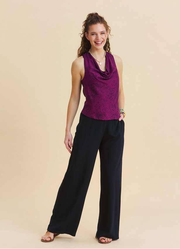 Regular Waist Button Front Black Womens Elastic Waist Pants 4946