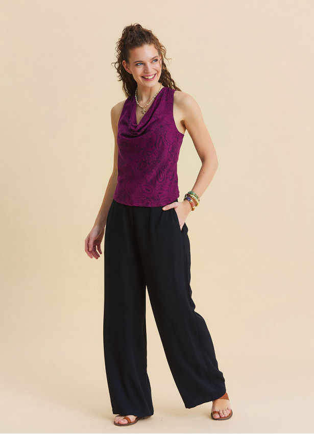 Regular Waist Button Front Black Womens Elastic Waist Pants 4946