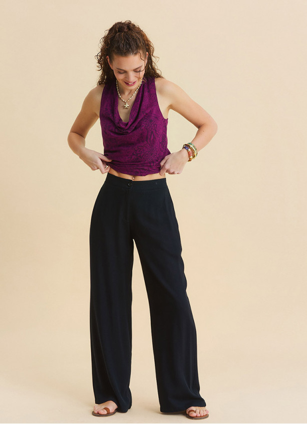 Regular Waist Button Front Black Womens Elastic Waist Pants 4946