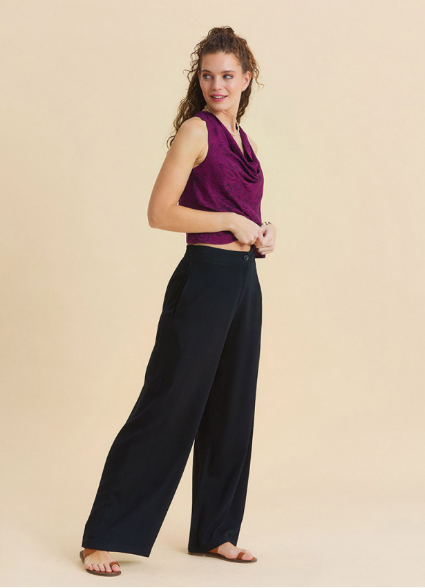 Regular Waist Button Front Black Womens Elastic Waist Pants 4946