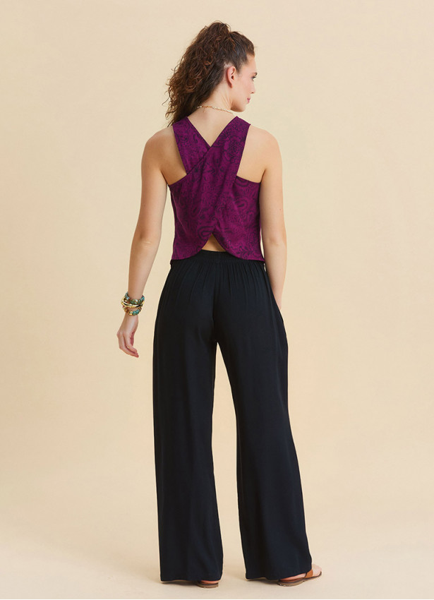 Regular Waist Button Front Black Womens Elastic Waist Pants 4946