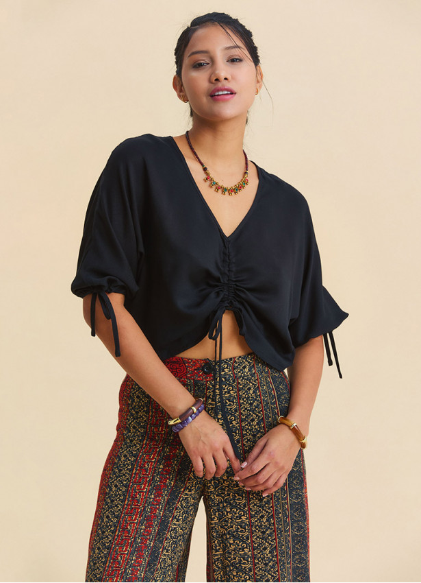 Black Bohemian Blouse with Boat Neck, Short Sleeves, and Gathered Details 4972