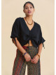 Black Bohemian Blouse with Boat Neck, Short Sleeves, and Gathered Details 4972
