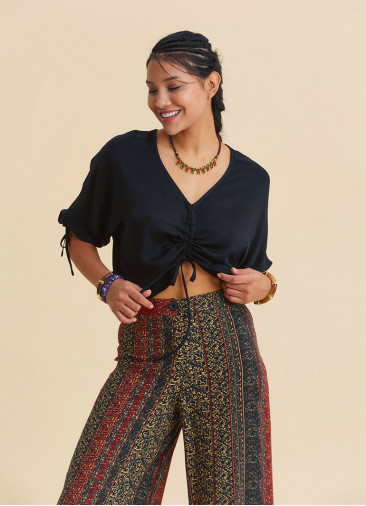 Black Bohemian Blouse with Boat Neck, Short Sleeves, and Gathered Details 4972