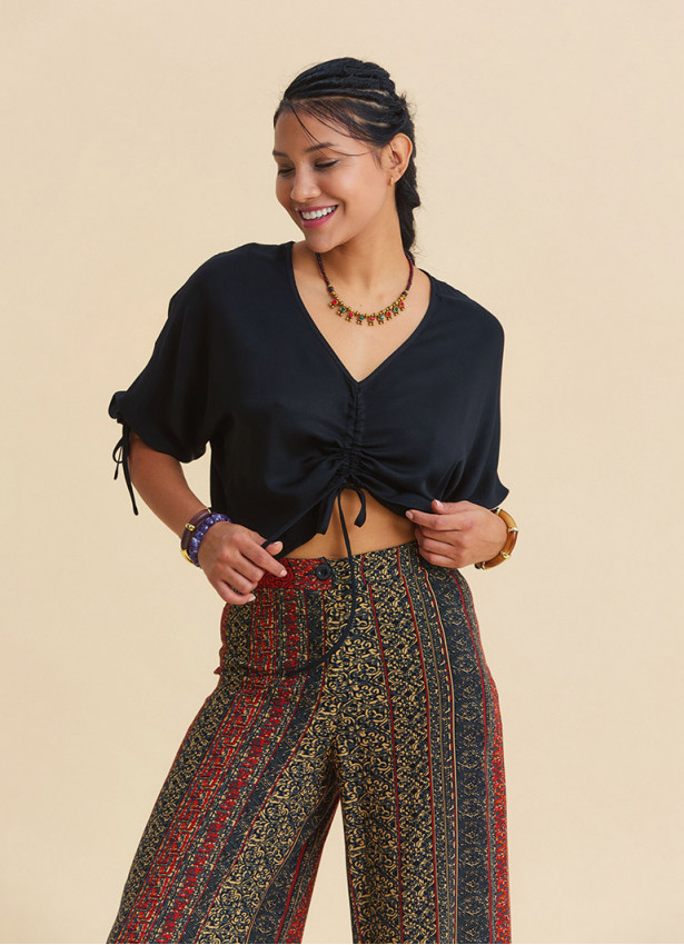 Black Bohemian Blouse with Boat Neck, Short Sleeves, and Gathered Details 4972