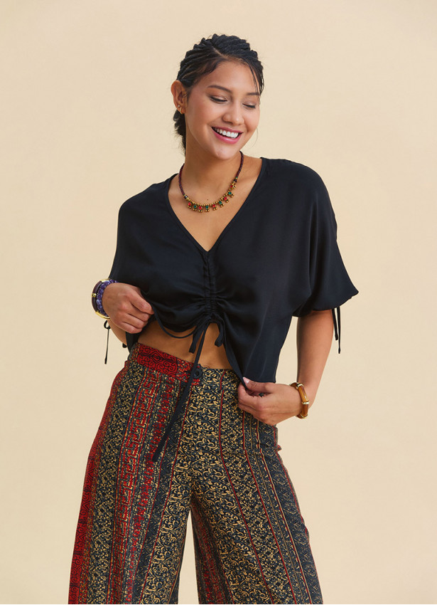 Black Bohemian Blouse with Boat Neck, Short Sleeves, and Gathered Details 4972