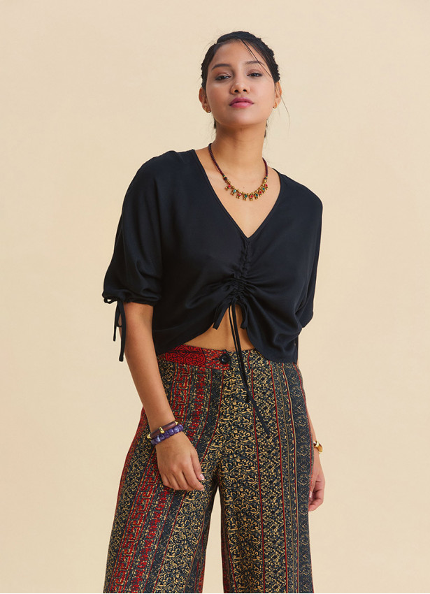 Black Bohemian Blouse with Boat Neck, Short Sleeves, and Gathered Details 4972