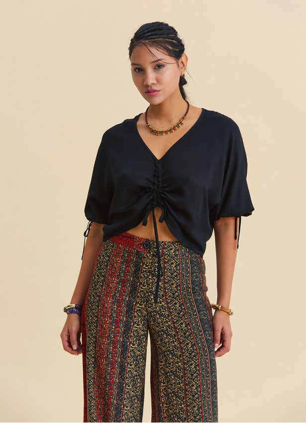 Black Bohemian Blouse with Boat Neck, Short Sleeves, and Gathered Details 4972