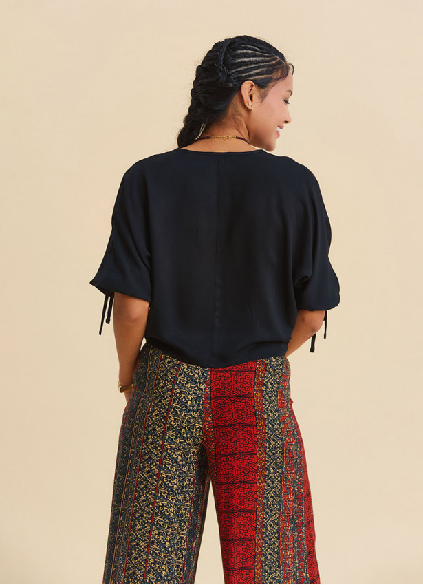 Black Bohemian Blouse with Boat Neck, Short Sleeves, and Gathered Details 4972