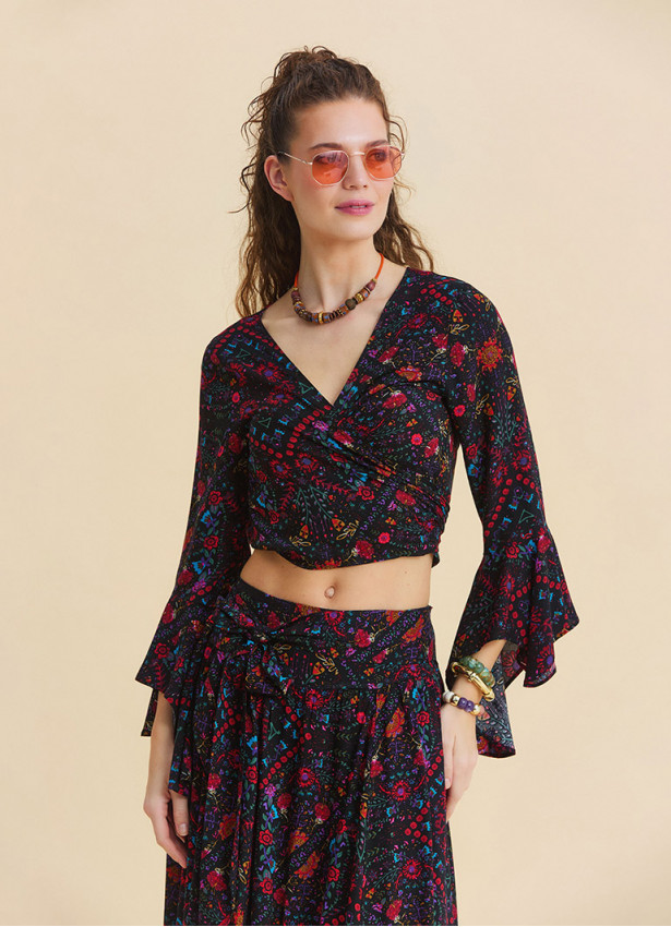 p Volant Sleeve Cross Over Cut Black Floral Blouse 4896