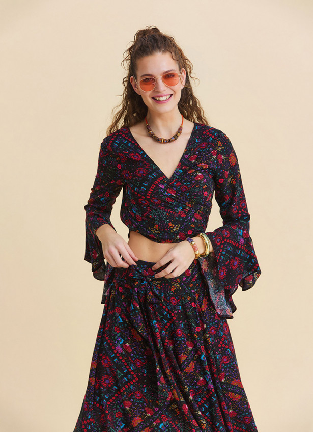 p Volant Sleeve Cross Over Cut Black Floral Blouse 4896