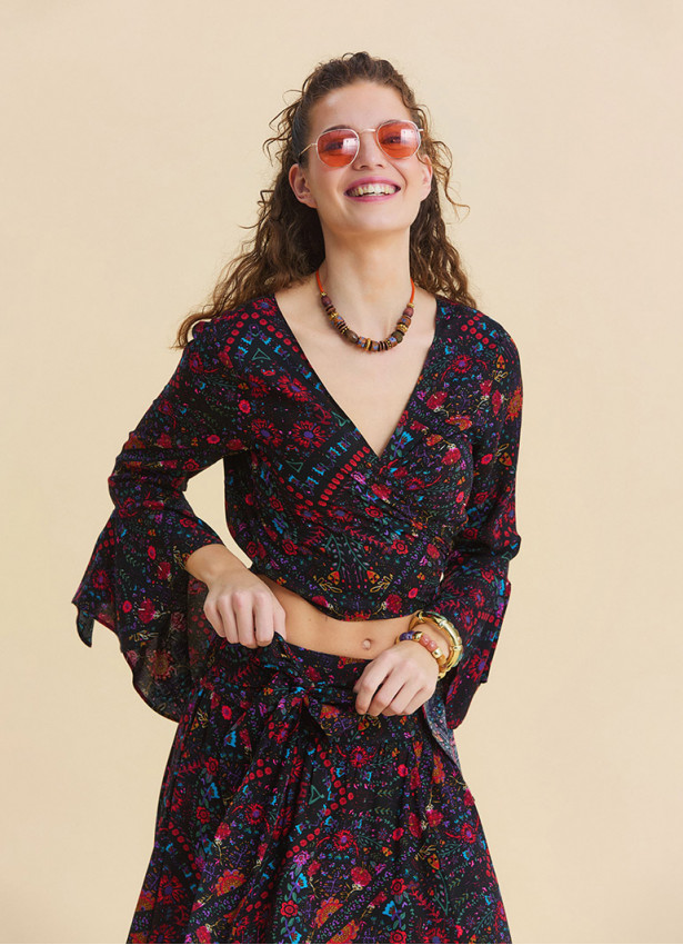 p Volant Sleeve Cross Over Cut Black Floral Blouse 4896