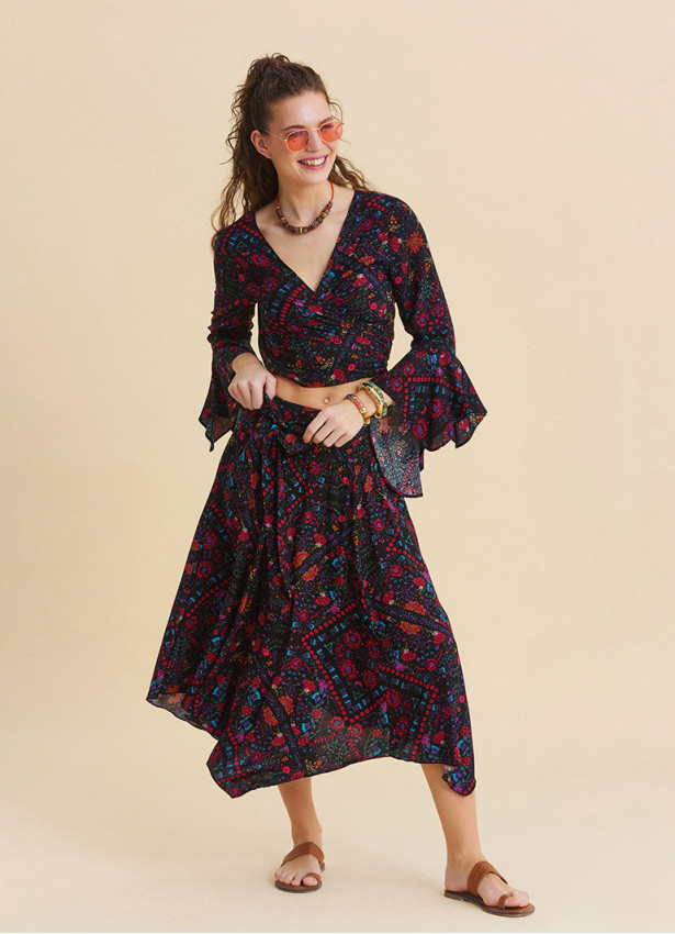 Gipe Detailed Belted Mustard Flower Skirt 4900