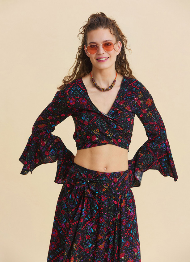 p Volant Sleeve Cross Over Cut Black Floral Blouse 4896