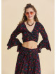 p Volant Sleeve Cross Over Cut Black Floral Blouse 4896