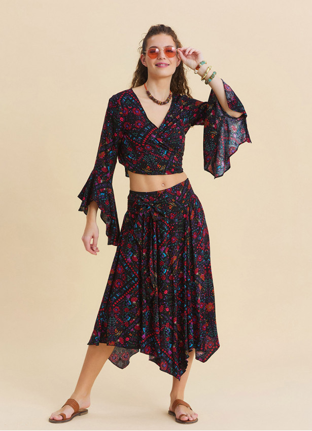 Gipe Detailed Belted Mustard Flower Skirt 4900