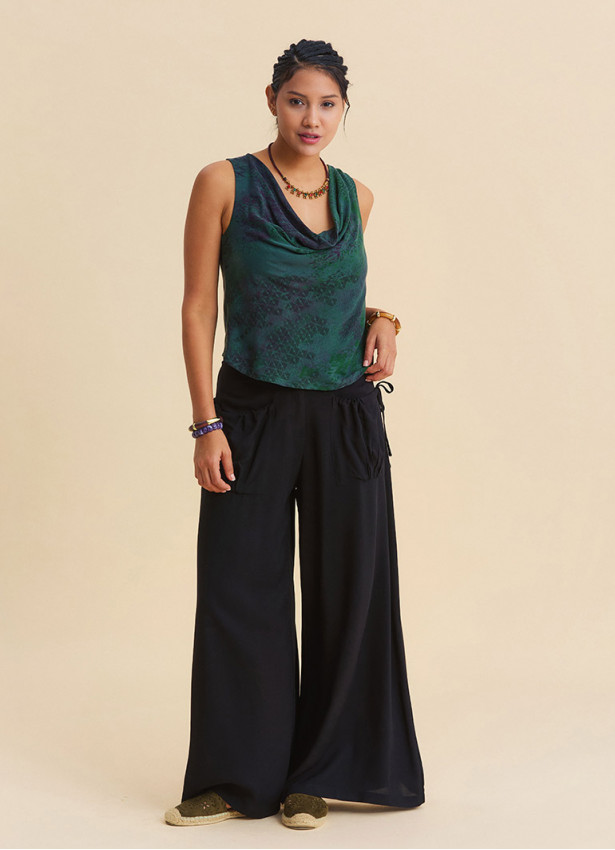 Loose Fit Black Womens Trousers with Detailed Pockets 4868