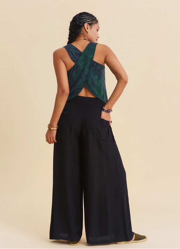 Loose Fit Black Womens Trousers with Detailed Pockets 4868