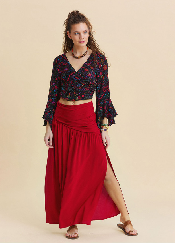 Drape Detail Slit Red Flowy Skirt   4906
