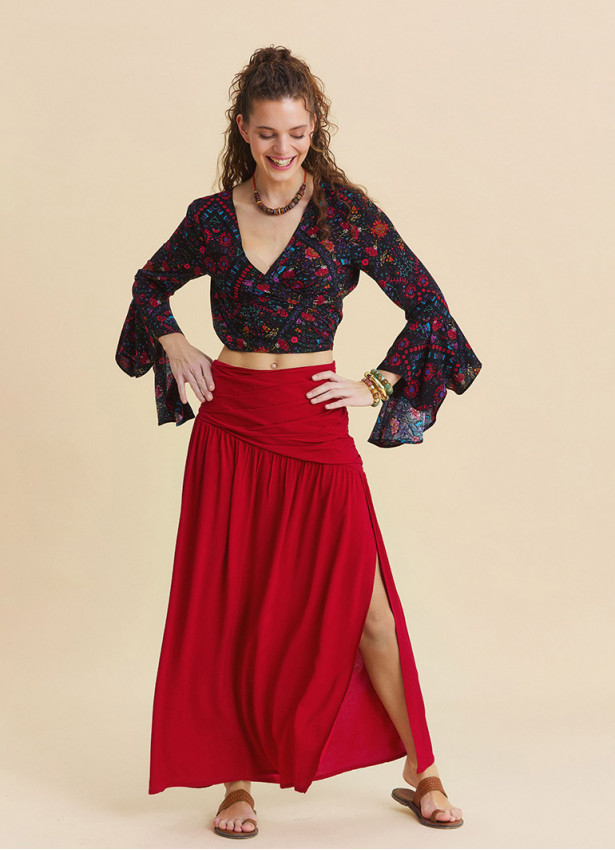 Drape Detail Slit Red Flowy Skirt   4906