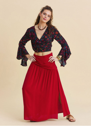 Drape Detail Slit Red Flowy Skirt   4906