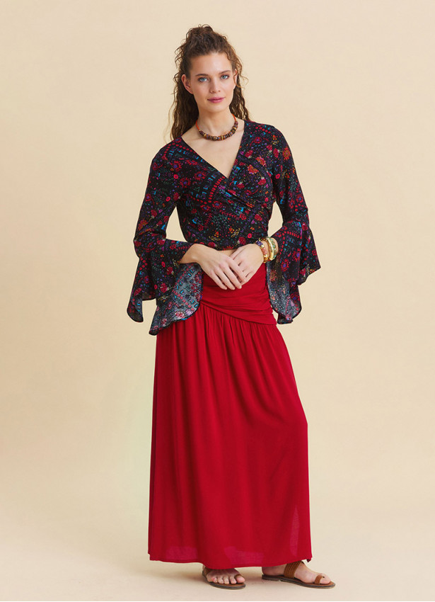 Drape Detail Slit Red Flowy Skirt   4906