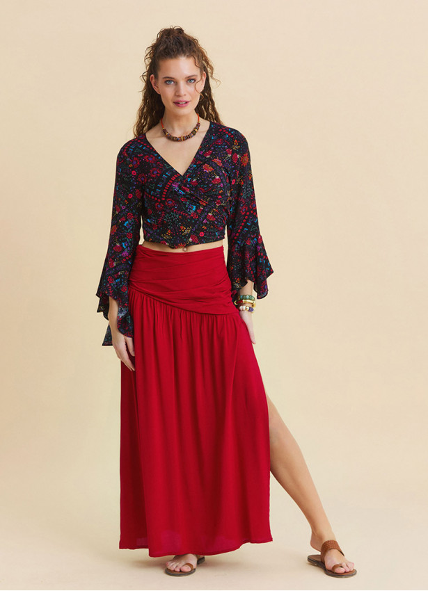 Drape Detail Slit Red Flowy Skirt   4906