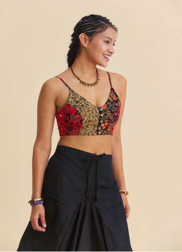 Red Floral Blouse with Thin Straps and Button Detail  4919