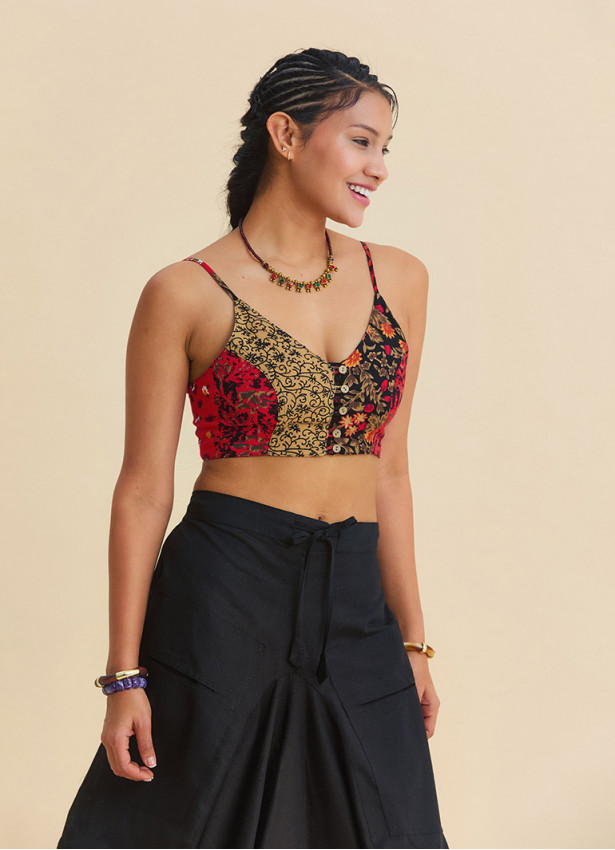 Red Floral Blouse with Thin Straps and Button Detail  4919