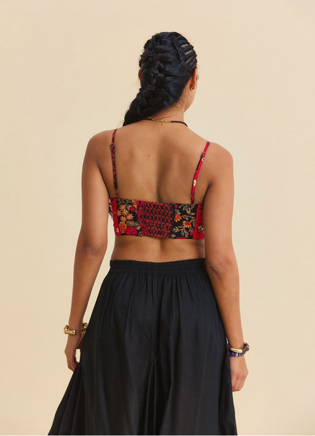 Red Floral Blouse with Thin Straps and Button Detail  4919